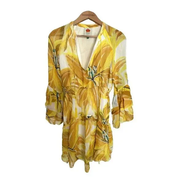 FARM RIO Azalea Yellow White Mink Mini Dress Sz XS Bell Sleeve Vacation  Boho - coffeafoods.com